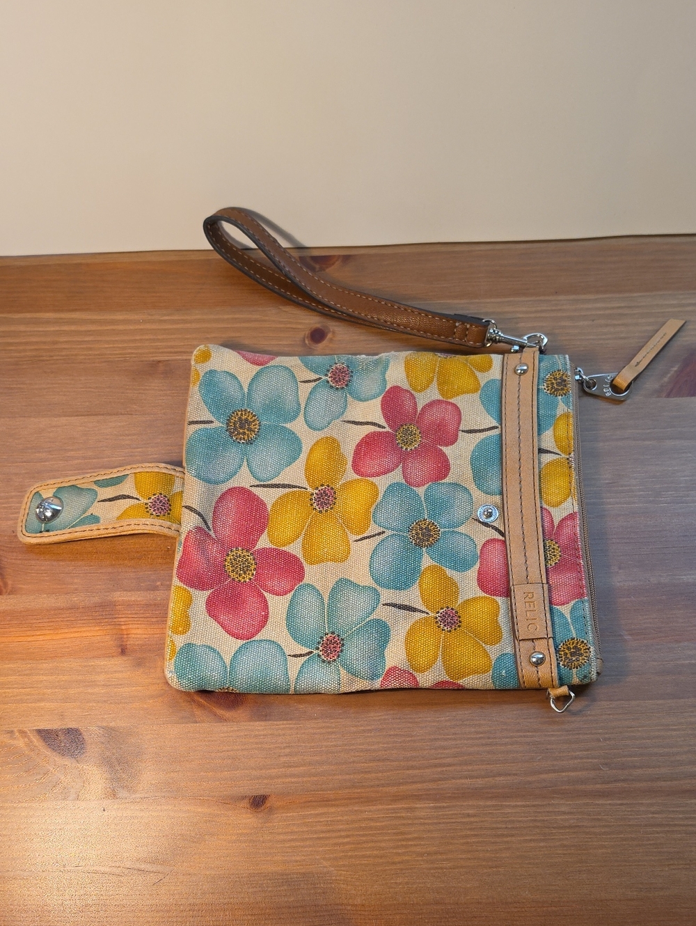 Relic Floral Canvas Wristlet in Yellow, Teal, Coral with Tan Trim - Picture 3 of 7